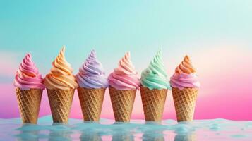 AI generated Five different flavored ice creams in cones against a gradient pink-blue background. With copy space. Ideal for dessert menus, promotions, advertising sweet treats, food blogs photo