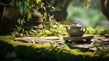 AI generated Tranquil setting featuring teapot amidst green moss and stones, suggesting peace and relaxation. Serene beauty of tea garden in early morning light. Perfect for spa, meditation photo