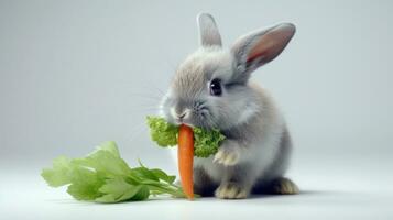 ai generado gris Conejo con Fresco Zanahoria y lechuga en ligero degradado antecedentes. linda mullido conejito. Pascua de Resurrección concepto. ideal para mascota comida anuncios, educativo contenido, veterinario o animal foto