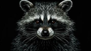 AI generated Close-up of raccoon s face, showing detailed fur texture and intense eyes, isolated on black background. Ideal for wildlife and nature themes, educational content, environmental photo