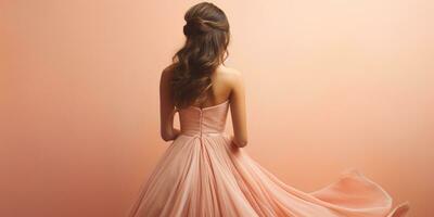 AI Generated Ai generation. Young woman in long dress on peach background. Back view. Fashion photo