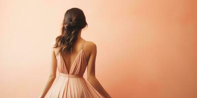 AI Generated Ai generation. Young woman in long dress on peach background. Back view. Fashion photo