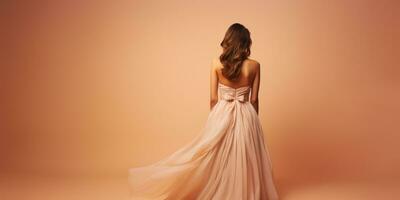 AI Generated Ai generation. Young woman in long dress on peach background. Back view. Fashion photo