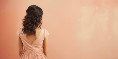 AI Generated Ai generation. Young woman in long dress on peach background. Back view. Fashion photo