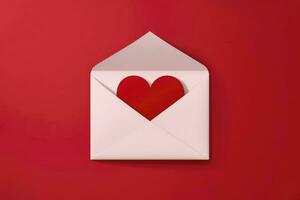 AI generated paper envelope with blank white note mockup inside and Valentines hearts on red background. Flat lay, top view. photo