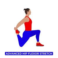 Vector Man Doing Advanced Hip Flexor Stretch. Lunge Stretch. An Educational Illustration On A White Background.