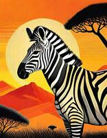 AI generated Art life of zebra in nature, block print style photo