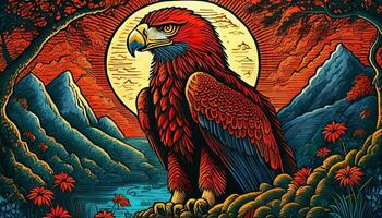 AI generated Art life of bird eagle in nature, block print style photo