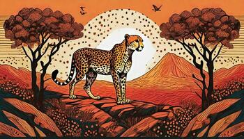 AI generated Art life of cheetah in nature, block print style photo