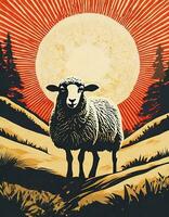 AI generated Art life of sheep in nature, block print style photo