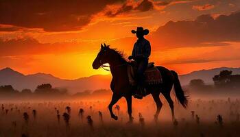 AI generated Silhouette art image of a cowboy riding a horse in a wide field photo