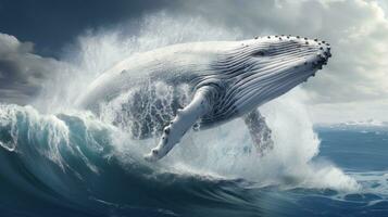 AI generated Majestic whale in mid-jump amidst ocean waves. Suitable for wildlife photography showcases, educational content, and ocean-themed artwork photo