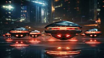 AI generated Glowing UFOs landing on a dark urban ground at night. The tall buildings in the background create a stark contrast. Suitable for science fiction and otherworldly concepts photo