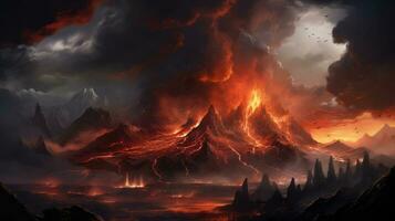 AI generated A powerful volcanic eruption, featuring bright red and orange lava flowing down the mountain and dark ash clouds in the sky. Suitable for book covers, illustrations, and documentaries photo
