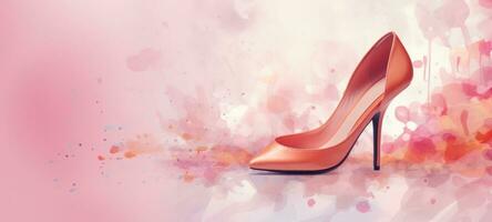 AI generated Watercolor fashion women high heeled shoe against the background of splashes and stains. In light pink color. Banner with copy space. Ideal for fashion blogs or retail advertisements. photo