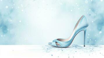 AI generated Watercolor fashion women high-heeled shoe against a background of splashes and stains. In light blue color. Banner with copy space. Ideal for fashion blogs or retail advertisements. photo