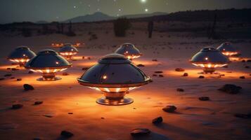 AI generated Illuminated UFOs close up in desert under night sky. Futuristic alien spaceships. Suitable for science fiction photo