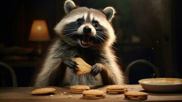 AI generated Raccoon with cookies, looking surprised and curious. Dark background. Ideal for pet food advertisements, humorous content, childrens book illustrations, photo