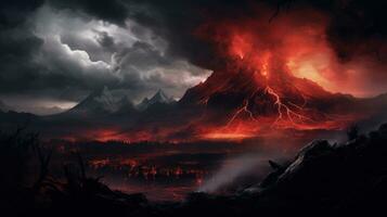 AI generated Powerful volcanic eruption, featuring bright red and orange lava flowing down the mountain and dark ash clouds in the sky. Suitable for book covers, illustrations, and documentaries photo