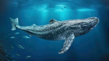 ai generado un grande ballena nadando en profundo azul Oceano aguas, rodeado por pequeño pez. ideal para naturaleza documentales, Oceano vida carteles, y educativo materiales foto