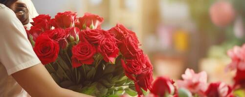 AI generated Person holding beautiful bouquet of fresh red roses flowers, on blurred background. Florist make bouquet. Banner with copy space. Suitable for greeting, postcard, special occasions photo