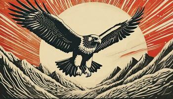 AI generated Art life of bird eagle in nature, block print style photo
