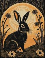 AI generated Art life of rabbit in nature, block print style photo