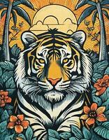 AI generated Art life of tiger in nature, block print style photo