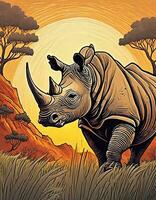 AI generated Art life of rhino in nature, block print style photo