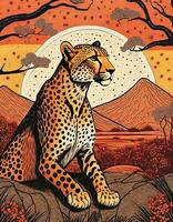 AI generated Art life of cheetah in nature, block print style photo