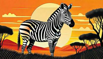 AI generated Art life of zebra in nature, block print style photo