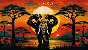 AI generated Art life of animal elephant in nature, block print style photo