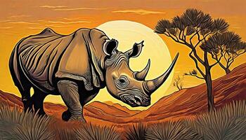 AI generated Art life of rhino in nature, block print style photo