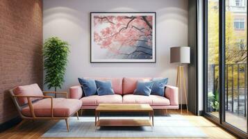 AI generated A stylish home interior with a Cherry blossom painting and modern seating arrangement. The rooms cozy ambiance makes it great for real estate showcasing, design inspiration, magazines, photo