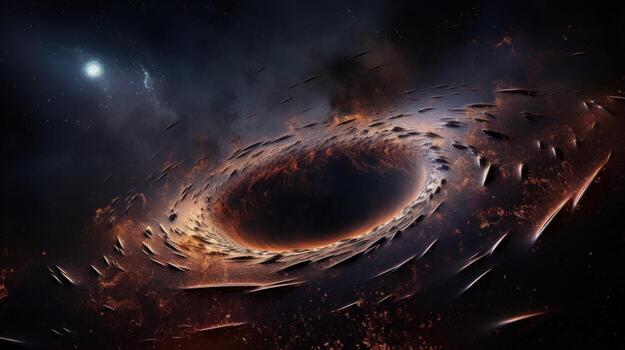 AI generated Big black hole in space in Universe, surrounded by rotating galaxies. Black hole, like time vortex, absorbs and radiates light. Spiral galaxy. Big Bang. For astronomy lesson, poster, photo