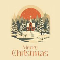 Merry Christmas card with winter forest and house illustration in vintage style photo