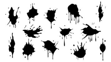 Set of Ink blots. Abstract stains with drops and splashes. Black paint splatter. Vector illustration isolated on a white background. Liquid dirty inkblots. Grunge texture. Design elements.