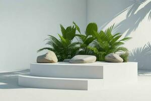 AI generated Premium stones podium for Presentation of the product with leaves. Pro Photo