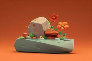 AI generated 3D display podium stone with flowers, green leaves, and rock for Presentation of the product. Pro Photo