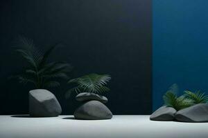 AI generated Premium stones podium for Presentation of the product with leaves. Pro Photo