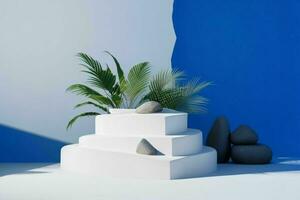 AI generated Premium stones podium for Presentation of the product with leaves. Pro Photo