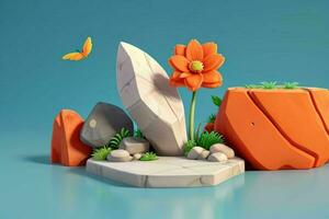 AI generated 3D display podium stone with flowers, green leaves, and rock for Presentation of the product. Pro Photo