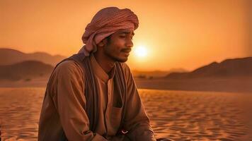 AI generated a middle eastern man is sad in the middle of the desert photo