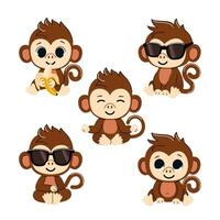 Set of cute baby monkeys. Vector illustration of characters in different poses.