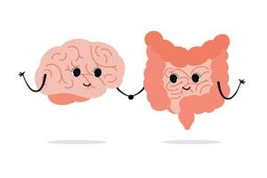 Connection of cute healthy happy brain and intestine gut characters. Concept Relation health of human brain and gut, second brain. Unity of mental and digestive. Vector illustration