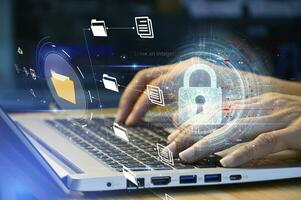 cybersecurity concept, user privacy security and encryption, secure internet access Future technology and cybernetics, screen padlock. photo
