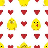 Valentines day seamless pattern with cartoon chicks and hearts. Valentines background with chickens and hearts vector