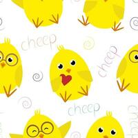 Vector seamless pattern with cute yellow chicks characters in cartoon style