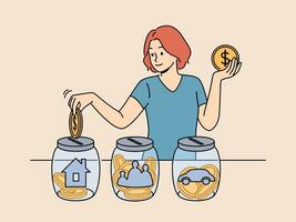 Woman is engaged in financial planning, putting earned money into different glass jars with picture of car and house or family. Girl invests in own future thanks to financial literacy vector