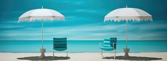 AI Generated beach scene of chairs under an umbrella in the sand photo